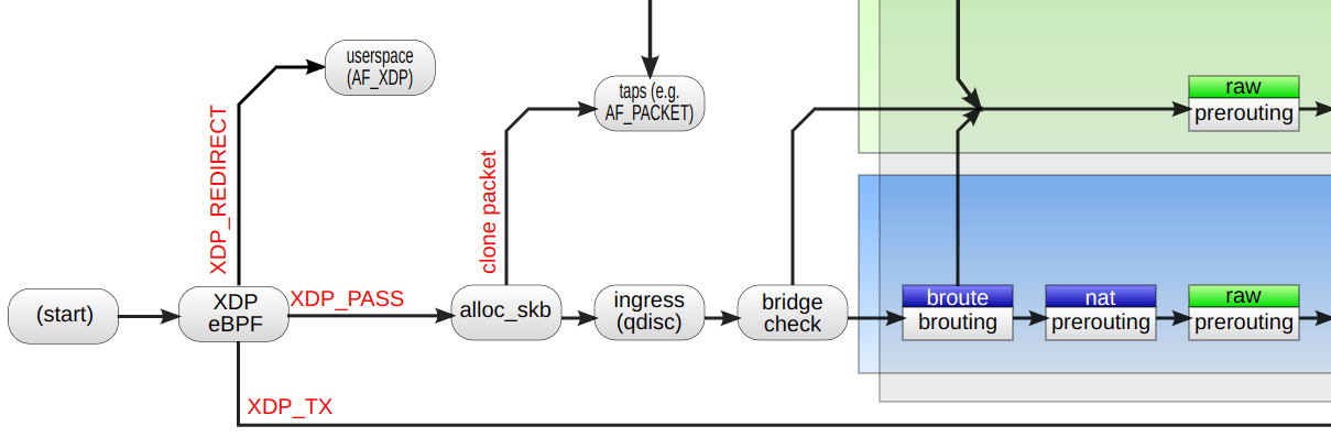 Diagram showing packet flow in Linux networking, highlighting XDP and raw socket interaction