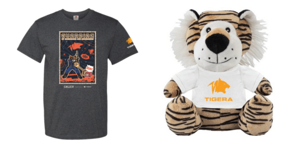 Calico swag! A t-shirt and plush tiger, representing Kubernetes network security and observability. Visit booth S330 to