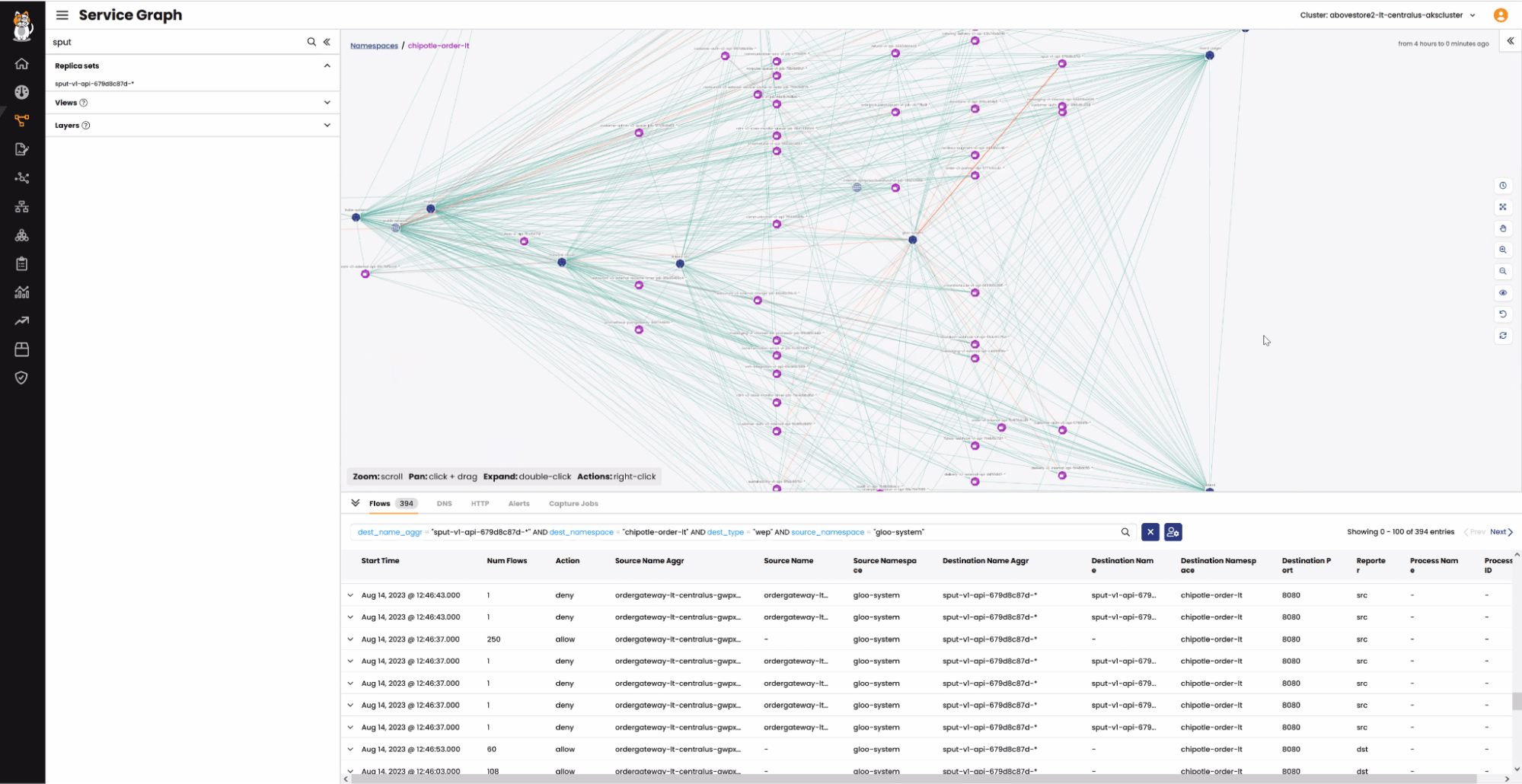 Calico's service graph showing cross-cluster connectivity flows and packet capture data used to diagnose a connectivity