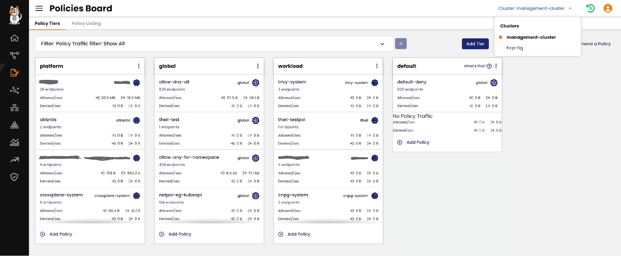 A 'Policies Board' UI showing default-deny and allowed traffic policies for different clusters, illustrating tenant isolation