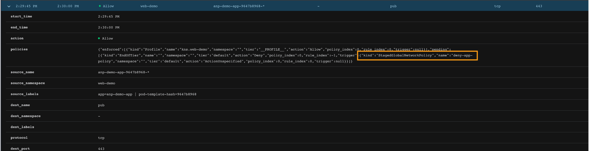 Calico UI showing StagedGlobalNetworkPolicy configuration, highlighting microsegmentation capabilities