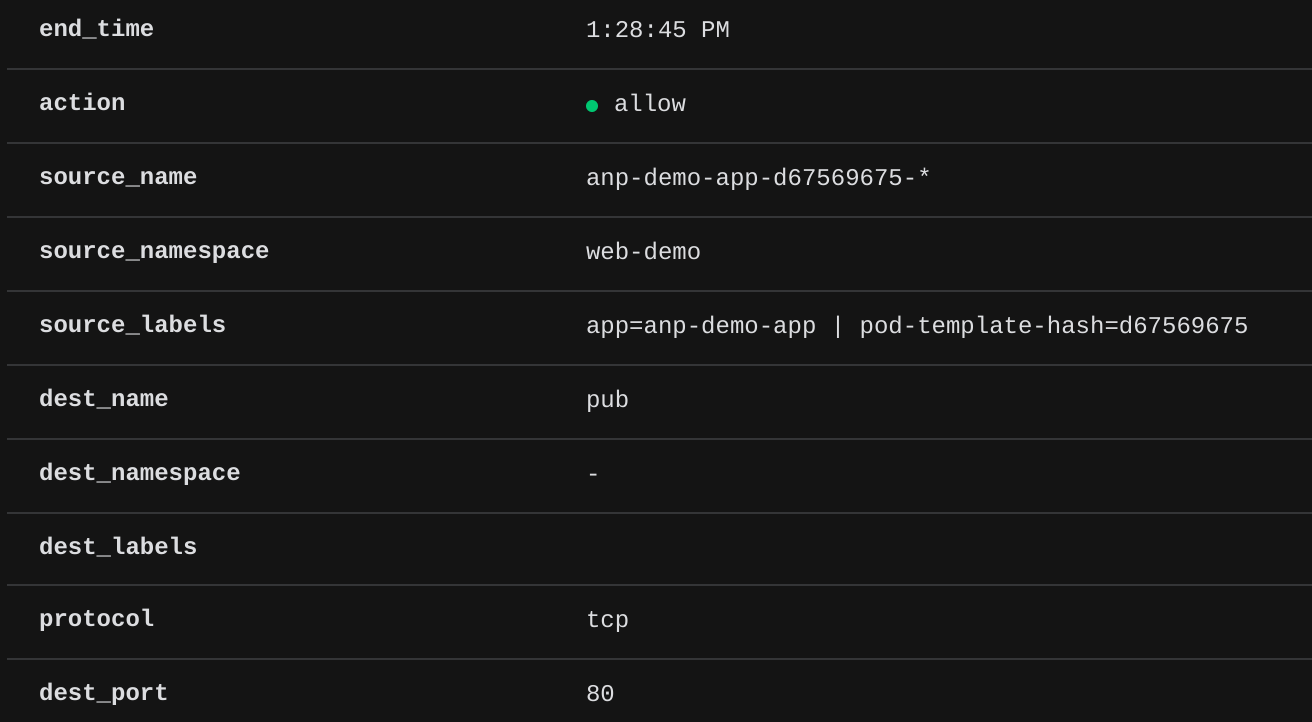 Policy action, protocol number, source and destination name, labels, and namespace are some of the information that users can see in a flow row detail.