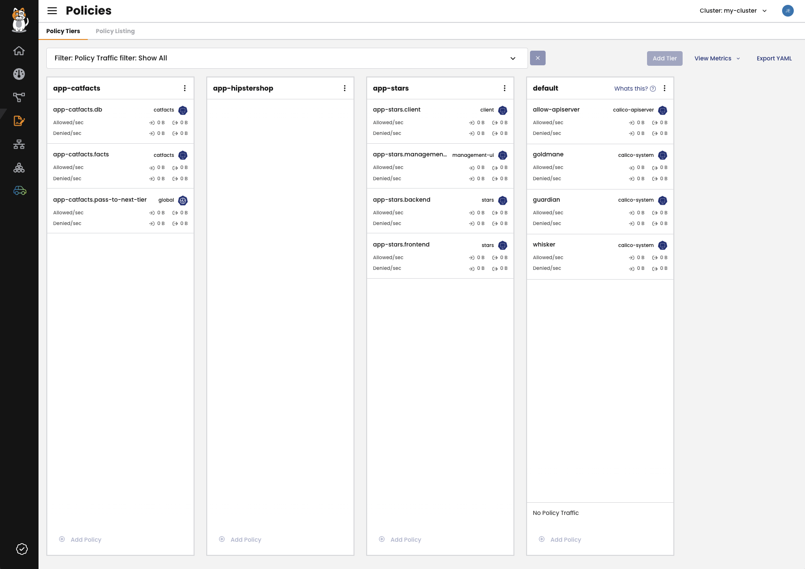 Calico Cloud Policies dashboard displays policy tiers with zero traffic.