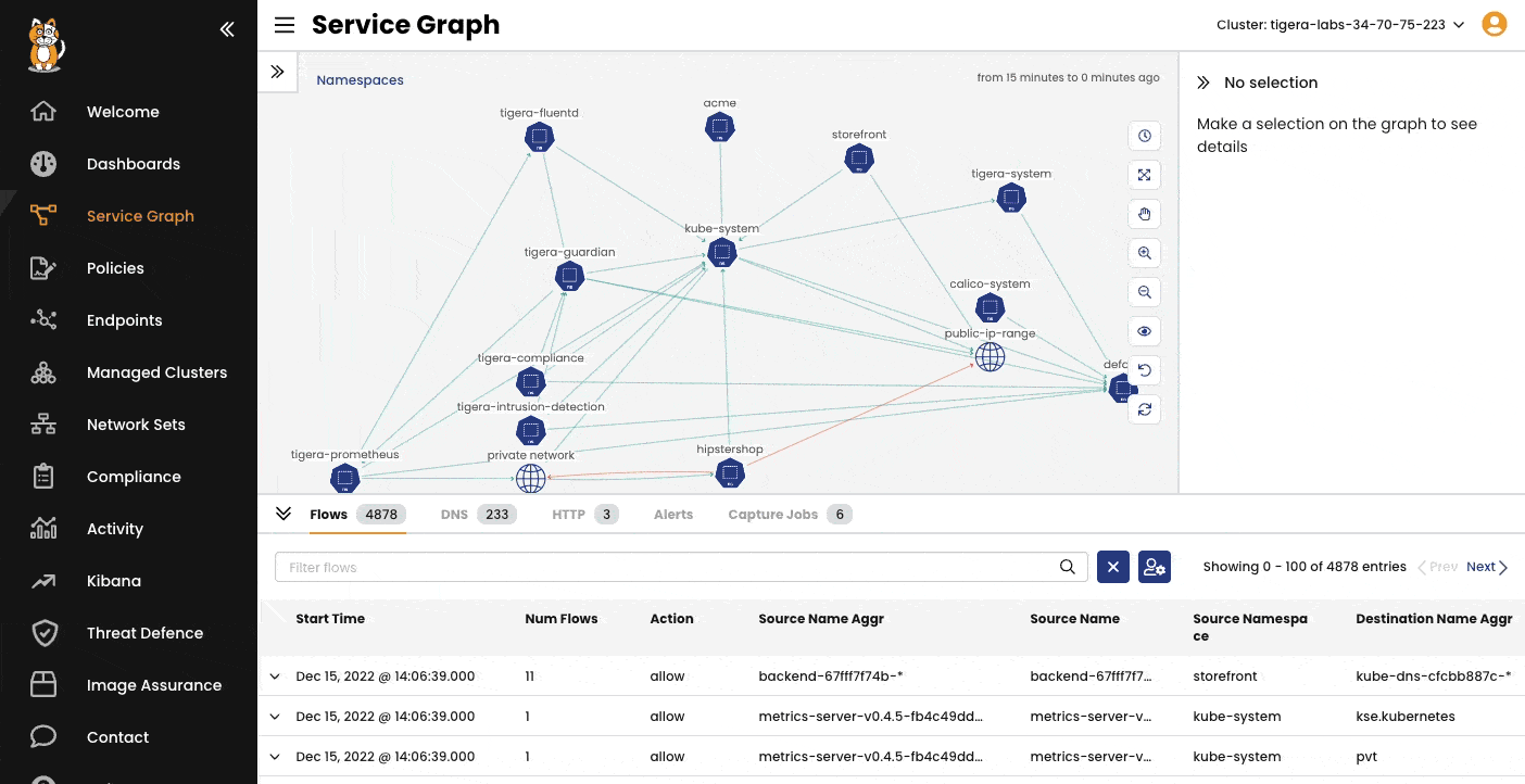 Animation that shows how clicking into any node or flow reveals rich metadata including traffic volumes, protocols, and policy impact