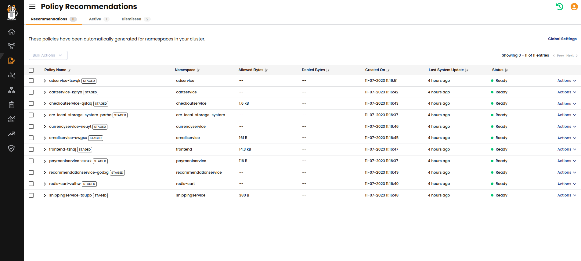 Calico Cloud dashboard showing automatically generated network policy recommendations with status.