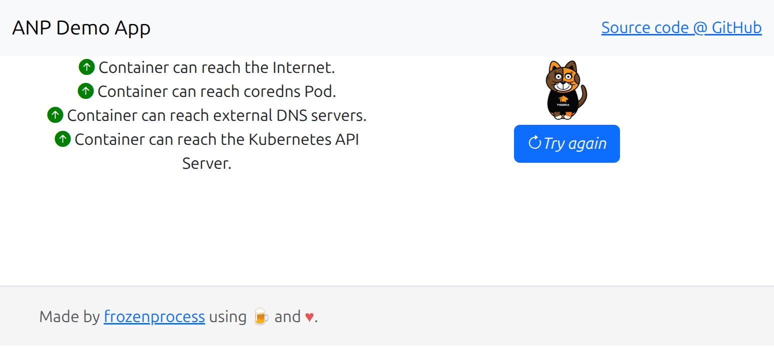 ANP Demo App shows container connectivity to Internet, coredns, DNS, and Kubernetes API.