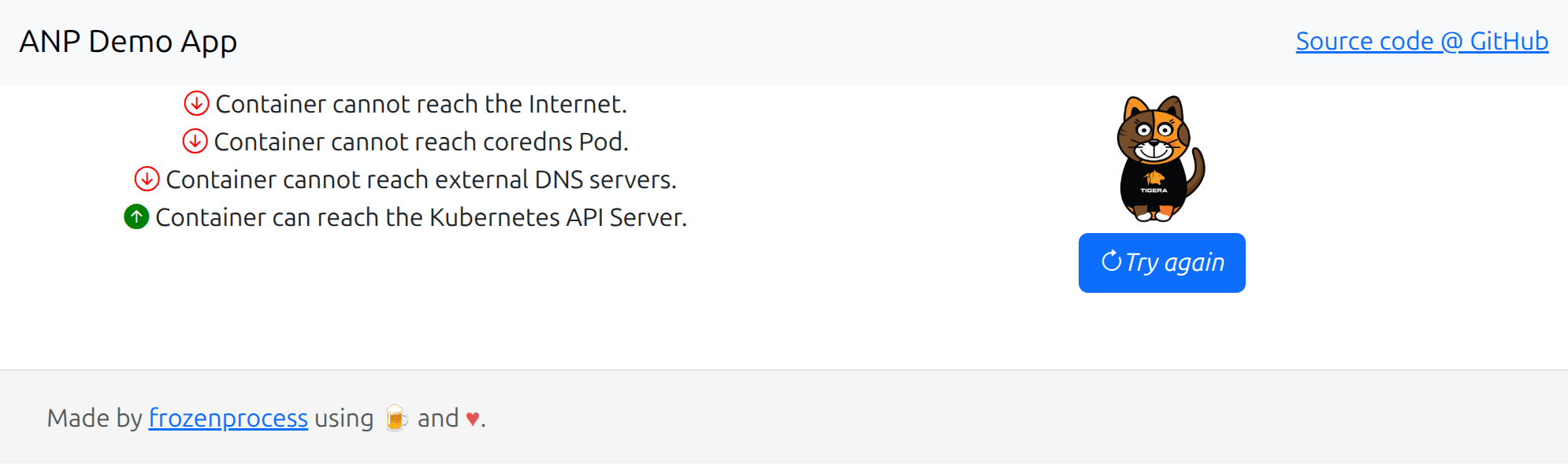 ANP Demo App displays container connectivity failures and one successful API server connection.