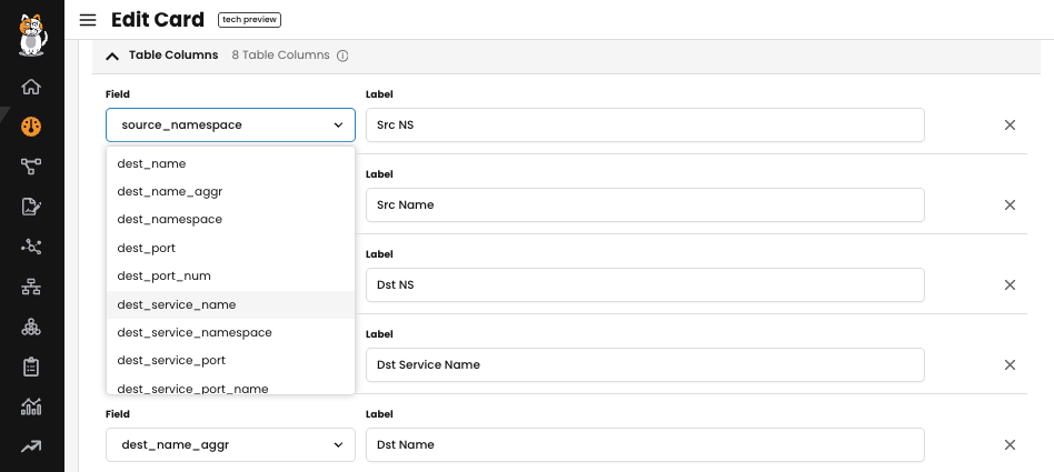 Calico Dashboard interface showing options to customize table columns and labels.