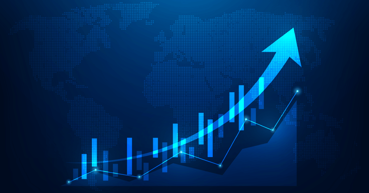 Blue bar chart, line graph, and upward arrow against a world map.