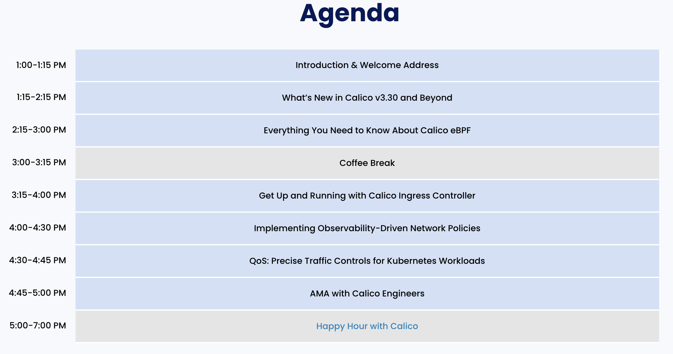 Agenda displaying event schedule with talks, coffee break, and happy hour.