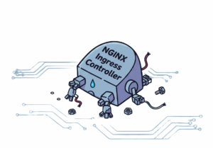 Broken NGINX Ingress Controller robot sheds a tear, surrounded by detached parts.