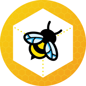 A cartoon bee in a hexagon surrounded by honeycomb.